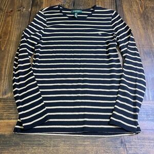 Lauren Ralph Lauren womens Black Gold‎ Metallic Striped Long Sleeve Top Large